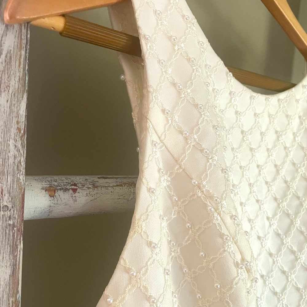 Designer Ted Lapidus Long white evening dress with elegant lace & small pearls.